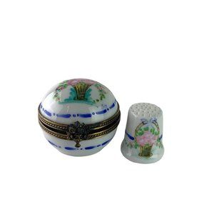 Peint Main Limoges France Trinket Box with Thimble Floral Bouquet 1.5"